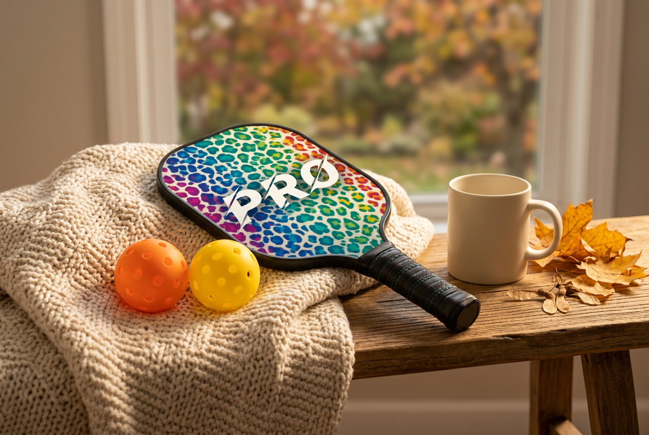 The Rainbow Cheetah pickleball paddle and balls on a knit blanket beside a plain mug and fall leaves