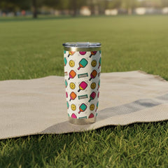 Colorful Pickleball Paddles and Balls Tumbler 20oz Stainless Travel Cup shown in an AI-generated listing photo