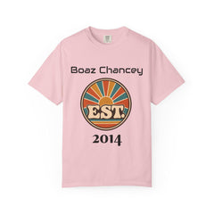 A light pink short-sleeve t-shirt with a vintage sunburst design, the text Boaz Chancey, EST., and 2014.