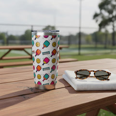 Colorful Pickleball Paddles and Balls Tumbler 20oz Stainless Travel Cup shown in an AI-generated listing photo